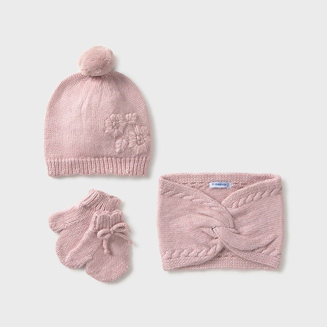 Mayoral Kışlık Kız Bebek Örme Atkı Eldiven Bere Set Pembe