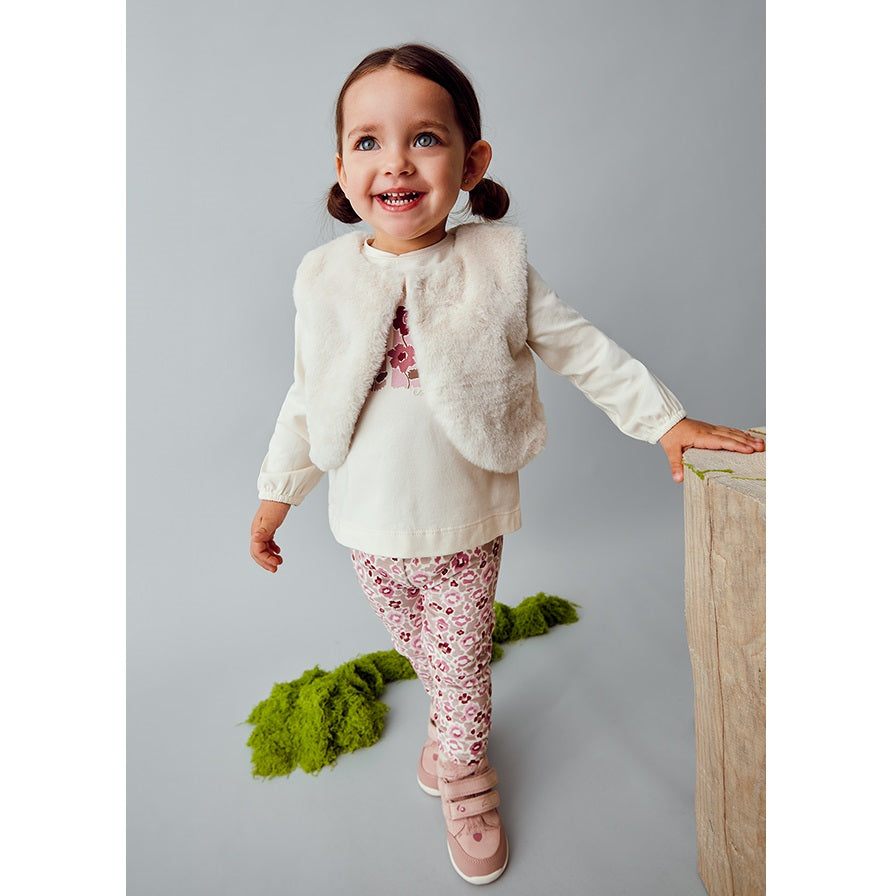 Mayoral Kışlık Kız Bebek Kürk Yelek Sweatshirt Tayt Pantolon Set Ekru