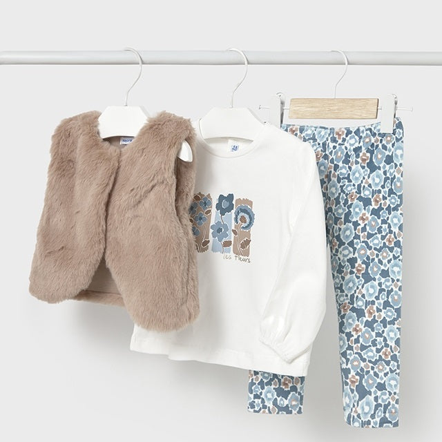 Mayoral Kışlık Kız Bebek Kürk Yelek Sweatshirt Tayt Pantolon Set Bej