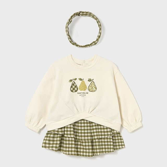 Mayoral Kışlık Kız Bebek Sweatshirt Saç Bandı Etek Üçlü Set Yeşil