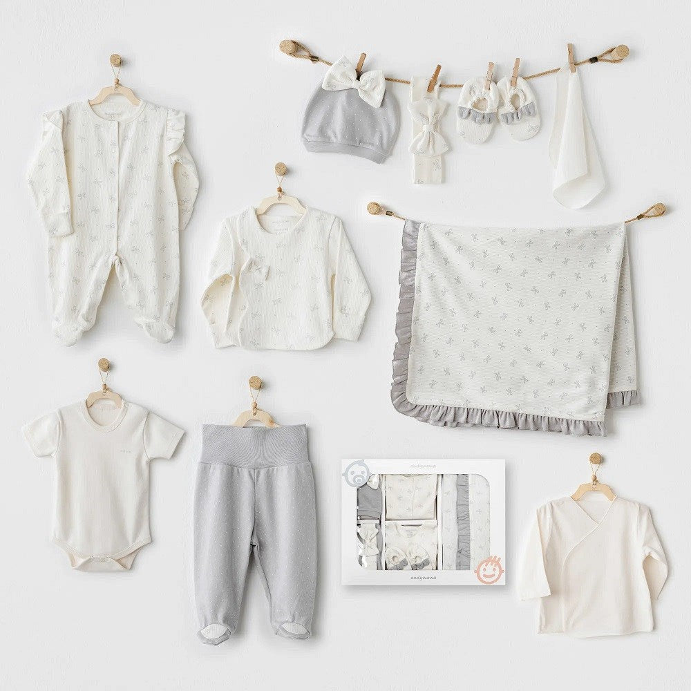 Andywawa Erkek Bebek 10'lu Hastane Çıkış Seti- Baby Bow Bliss Gri
