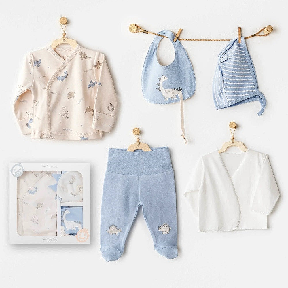 Andywawa Erkek Bebek 5'li Hastane Çıkış Seti- Dino Ekru