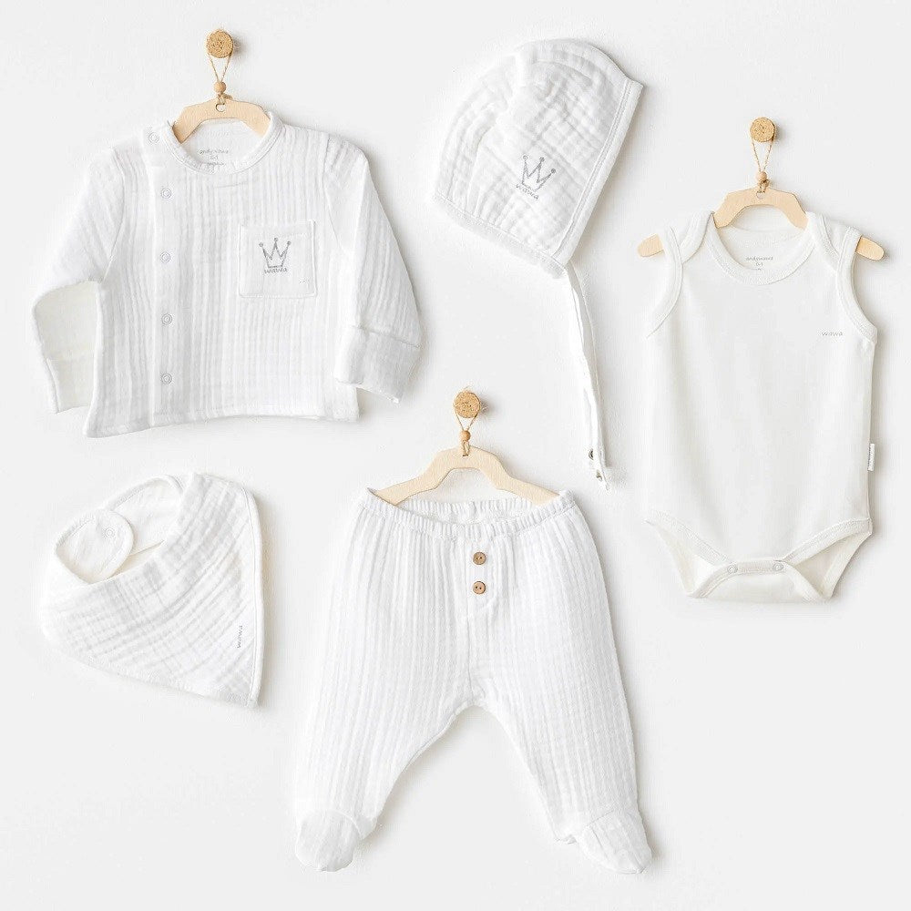 Andywawa Erkek Bebek 5'li Müslin Hastane Çıkış Seti Beyaz