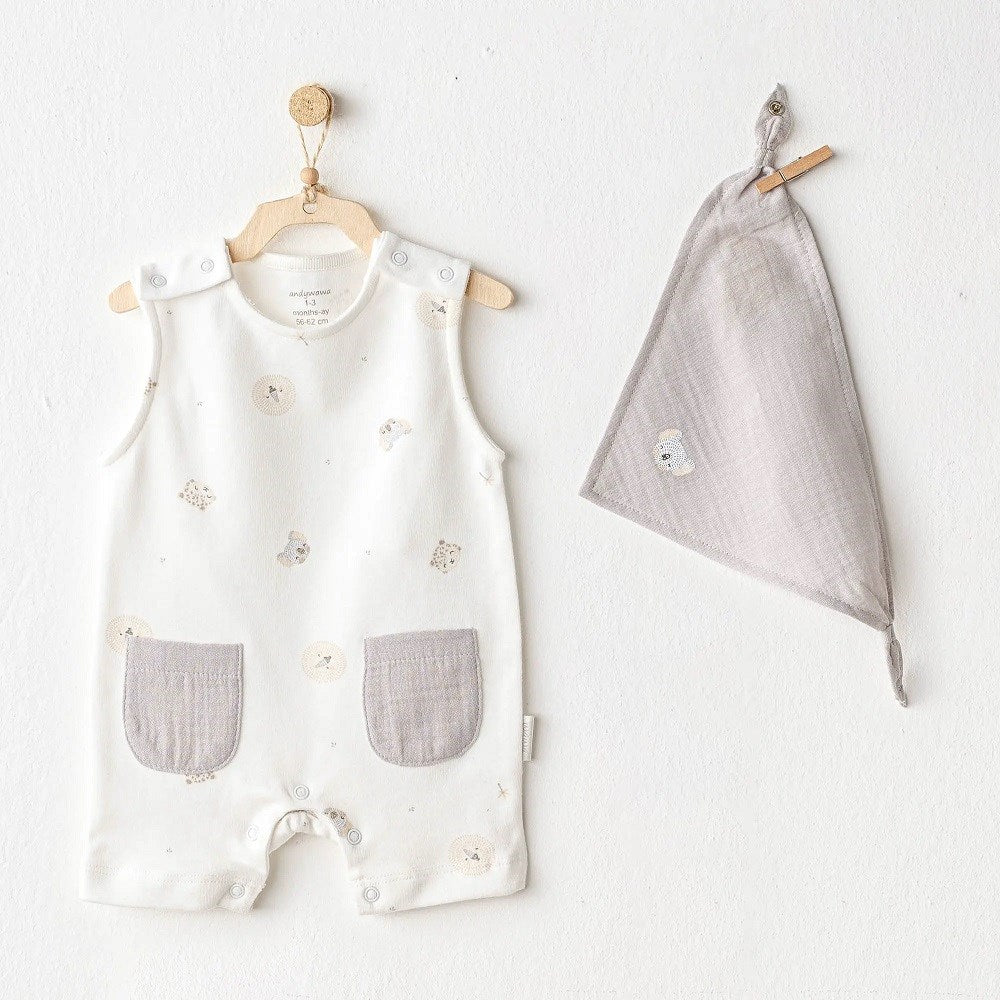 Andywawa Erkek Bebek Yazlık Fular ve Tulum - Happy Animals Mavi