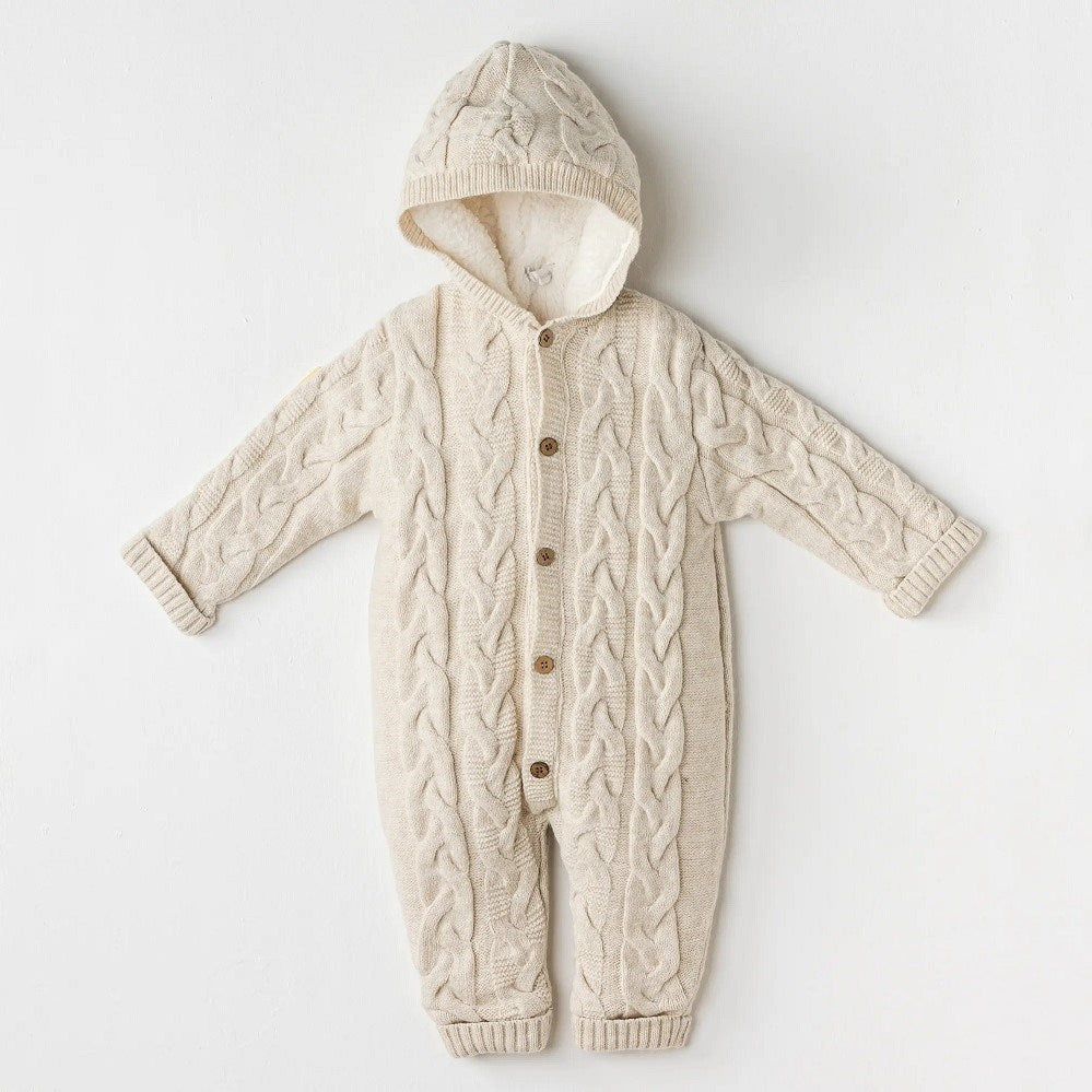 Andywawa İçi Kürklü Örme Triko Astronot Tulum Bej