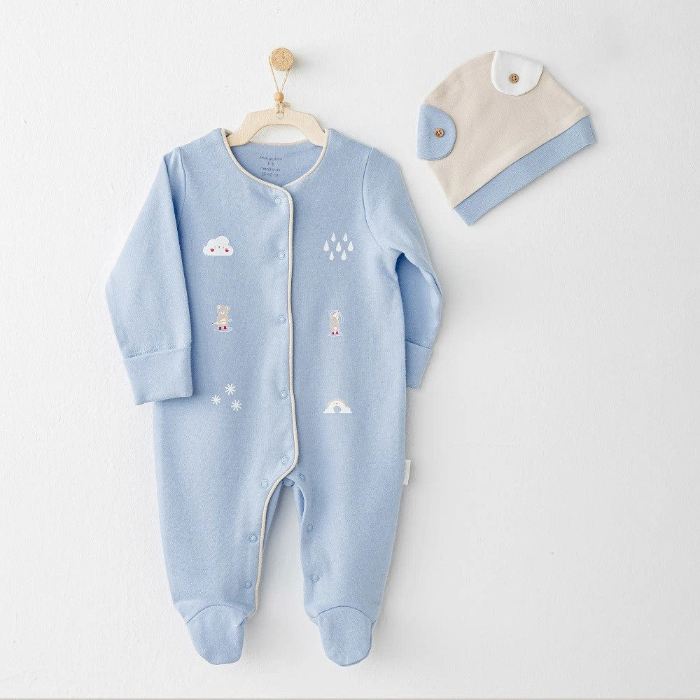 Andywawa Kışlık Erkek Bebek Patikli Şapkalı Tulum 2'li Set Mavi