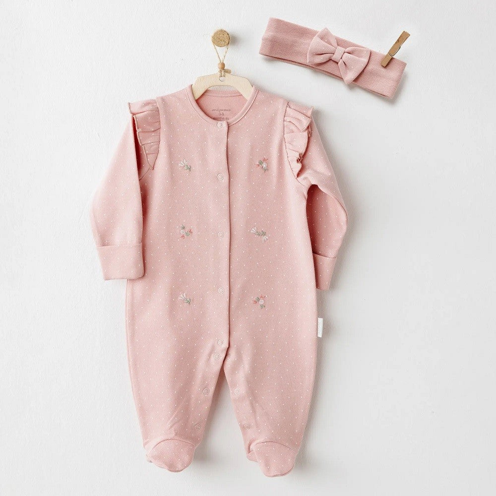 Andywawa Kız Bebek Bandana Patikli Tulum 2'li Set Pembe
