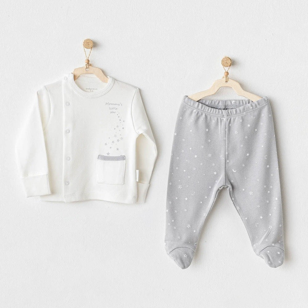 Andywawa Organik Erkek Bebek Penye Zıbın 2'li Set Little Star Gri