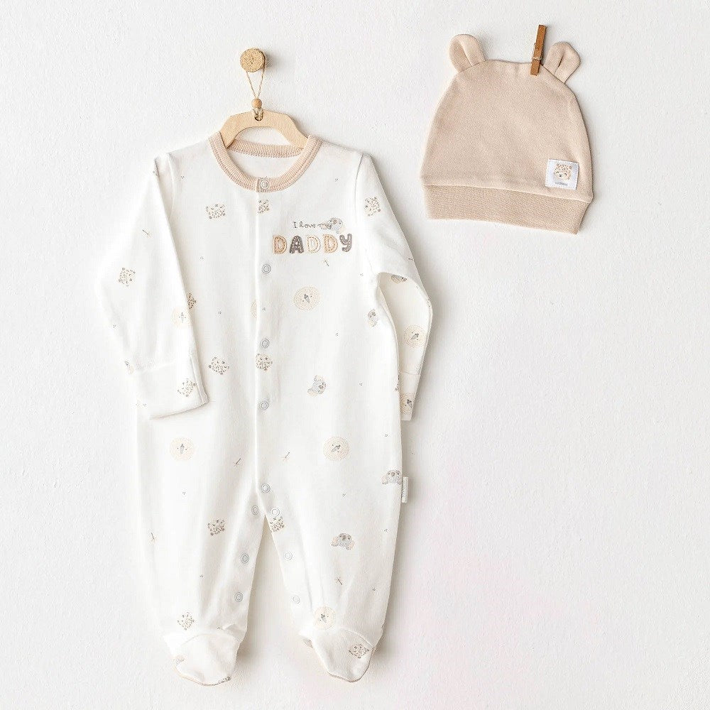 Andywawa Yazlık  Erkek Bebek Patikli Tulum Şapka 2'li Set - Happy Animals Ekru