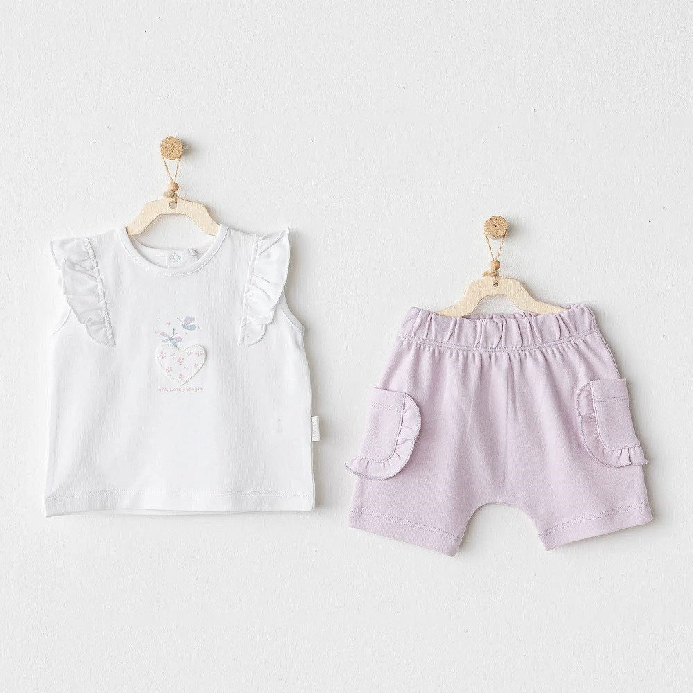 Andywawa Yazlık Kız Bebek Kısa Kol T-shirt Şort Takım 2'li Set- Butterfly Lila