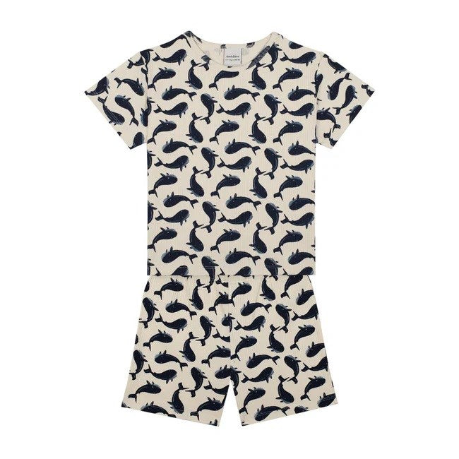 Antebies Kısa Kollu Şortlu  Organik Pijama Takımı- Balina Ekru