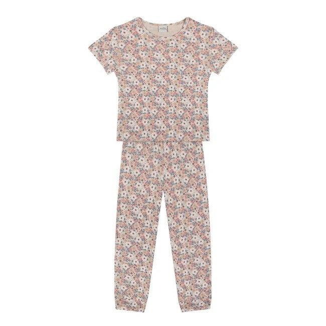 Antebies Kız Çocuk Kısa Kollu Organik Pijama Takımı- Yaz Buketi Ekru