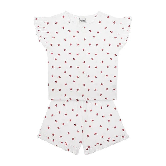 Antebies Kız Çocuk Kısa Kollu Şortlu Organik Pijama Takımı- Uğur Böceği Ekru