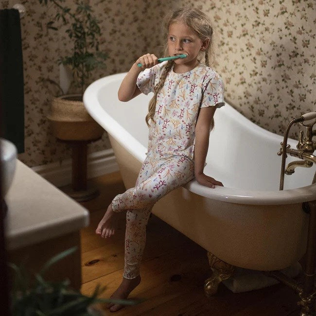 Antebies Kız Çocuk Kısa Kollu Taytlı Organik Pijama Takımı- Mercan Mavi