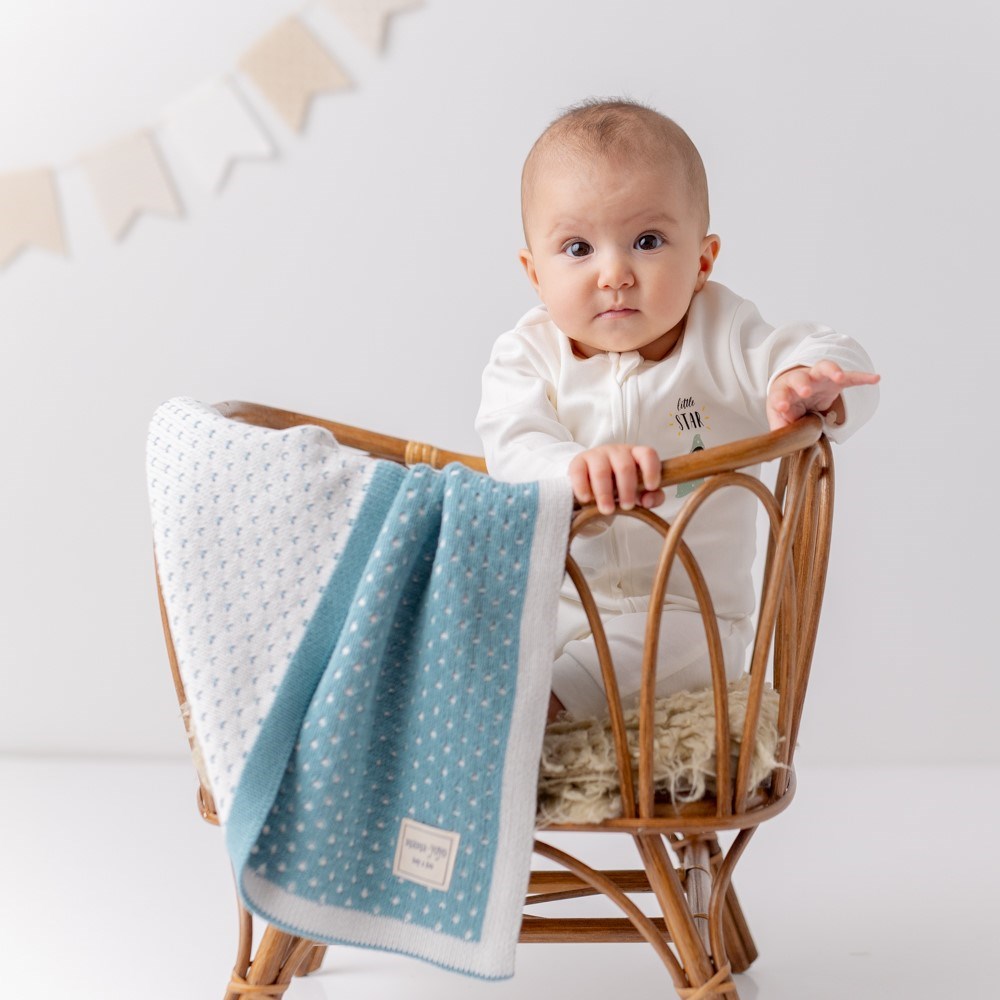 Mama Yoyo Puantiyeli Mavi Çift Taraflı Triko Battaniye  90*90