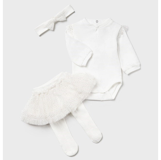 Mayoral Kışlık Kız Bebek Body Tül Etek Bandana Set Ekru