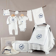 Mayys Baby Asil İndigo Tığ İşi Süslemeli Çelenkli At Nakışlı 8' li Organik Hastane Çıkış Seti Krem