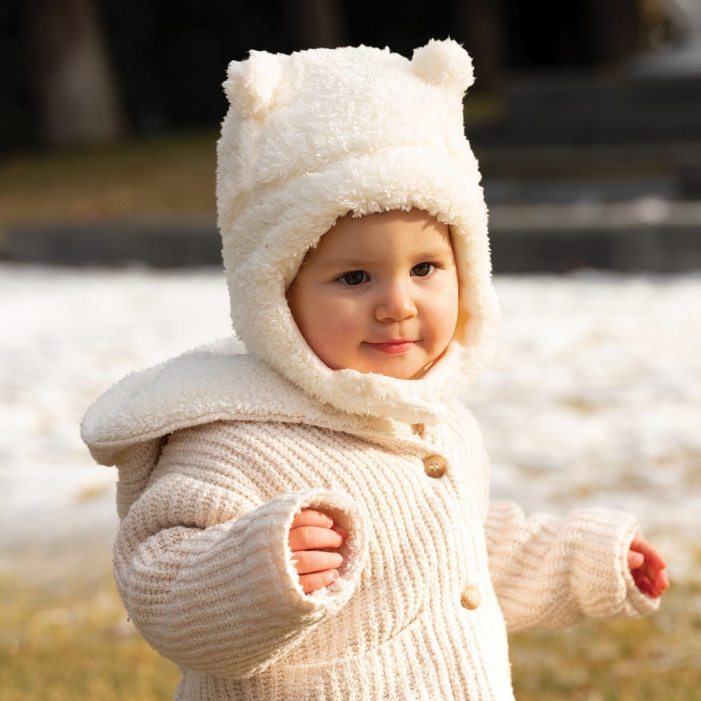 Owli Peluş Kulaklı Şapka Ekru