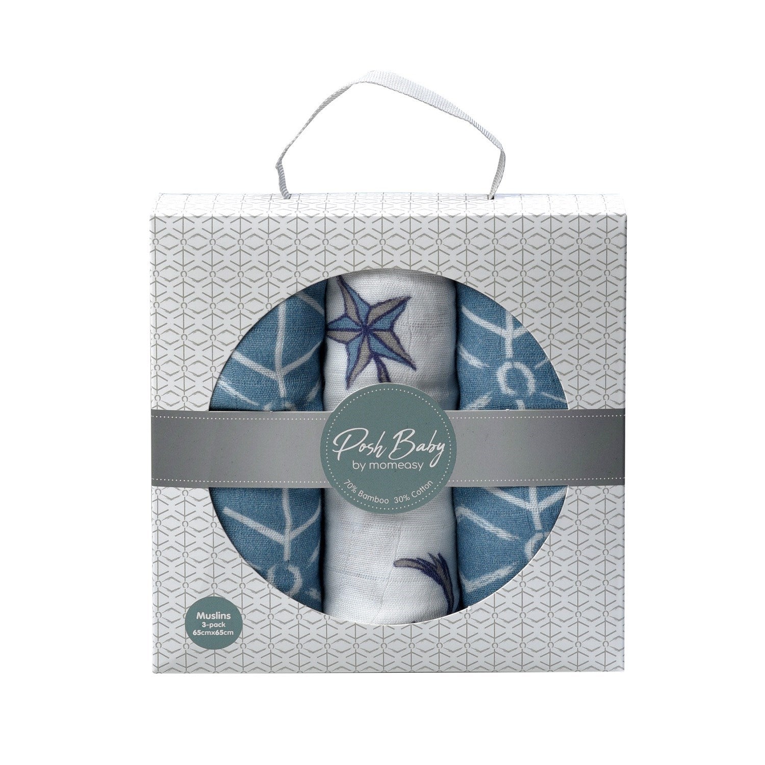 Posh Baby Mavi Ters Geo & Kuzey Yıldız & Mavi Ters Geo Müslin Battaniye 3'lü 65x65 cm STD