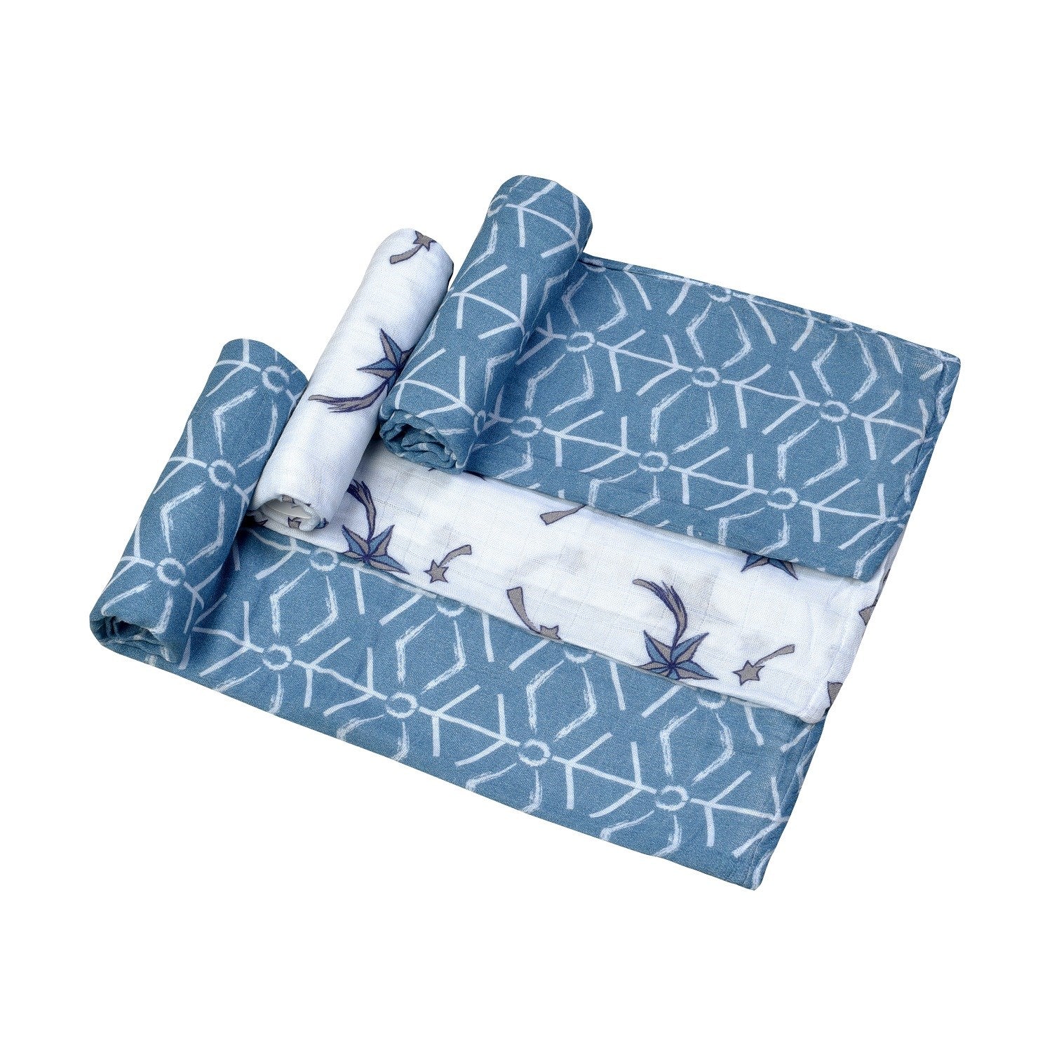 Posh Baby Mavi Ters Geo & Kuzey Yıldız & Mavi Ters Geo Müslin Battaniye 3'lü 65x65 cm STD