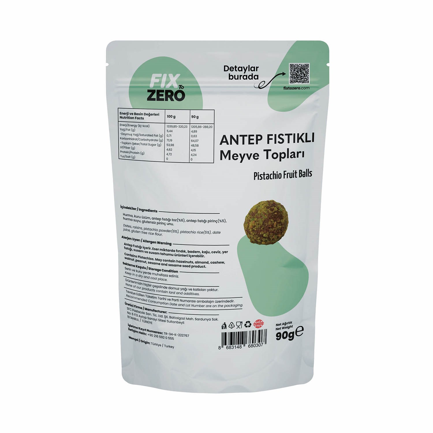 Fix To Zero Antep Fıstıklı Meyve Topları 90 gr 