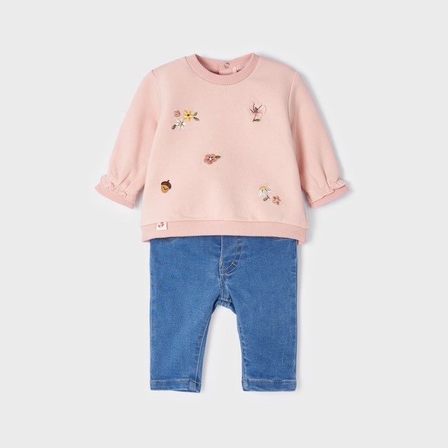 Mayoral Kışlık Kız Bebek Uzun Kol S-shirt ve Denim Pantolon 2'li Set Pembe