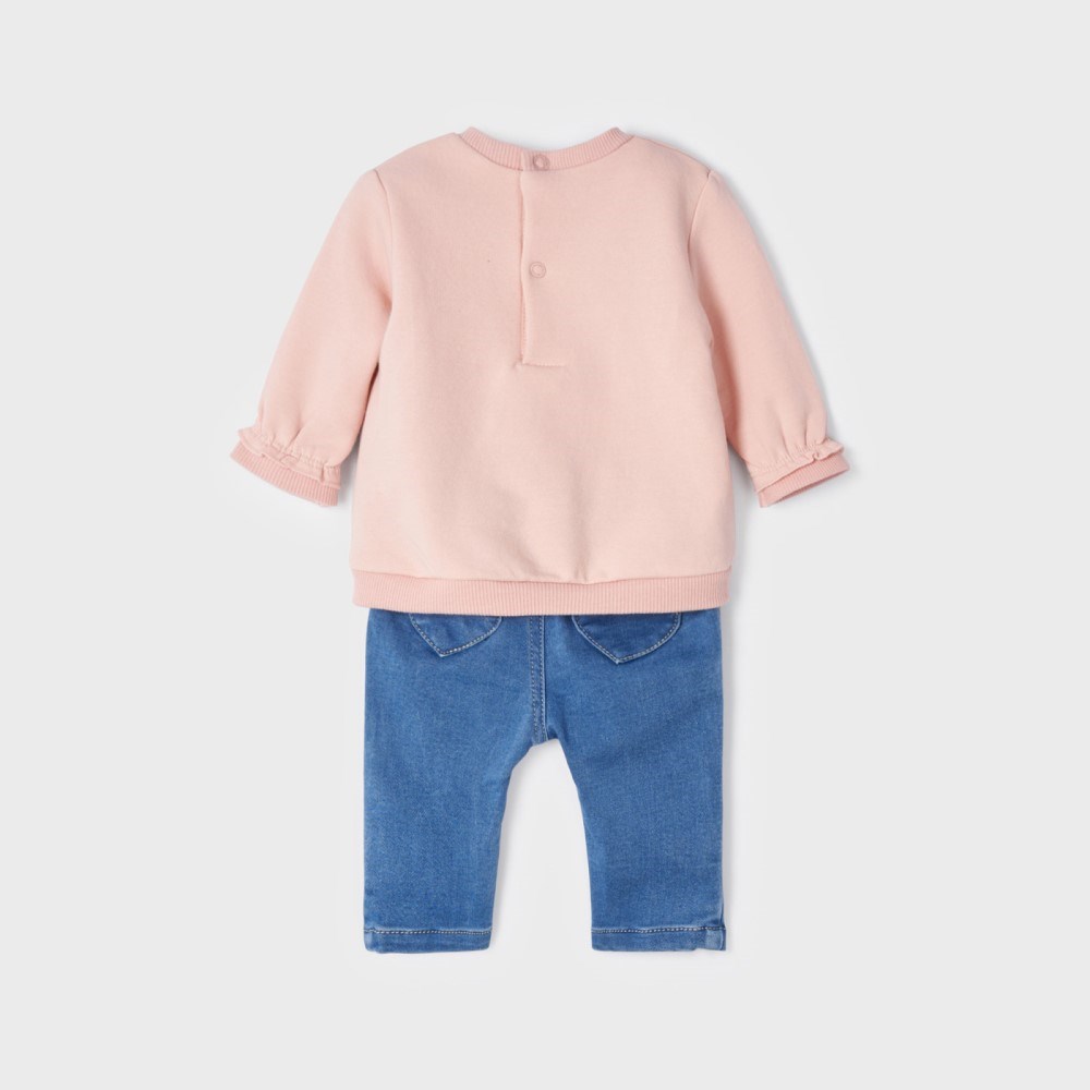 Mayoral Kışlık Kız Bebek Uzun Kol S-shirt ve Denim Pantolon 2'li Set Pembe