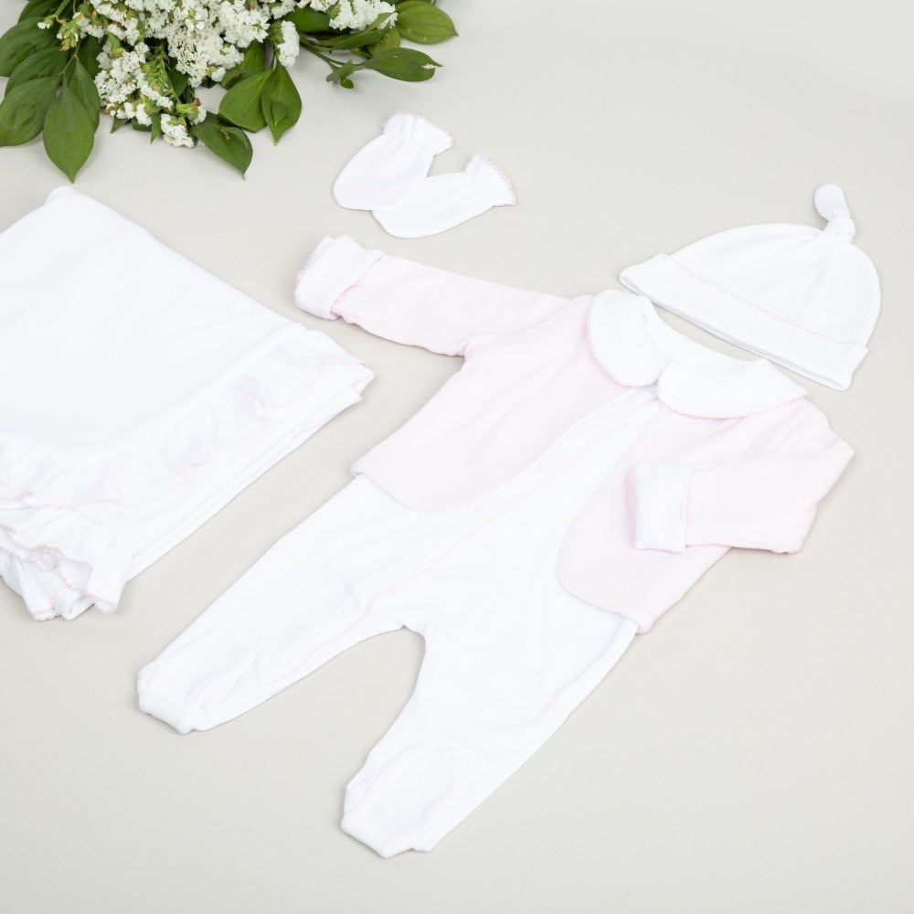 Mayys Baby Organik Elegant Pembe Tığ İşi Süslemeli 6'lı Hastane Çıkış Setiı Beyaz