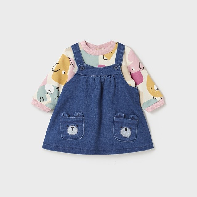 Mayoral Kışlık Kız Bebek S-shirt Denim Salopet Set Pembe