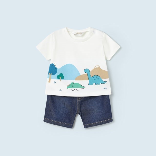 Mayoral Yazlık Erkek Bebek T-shirt Denim Şort Set Beyaz