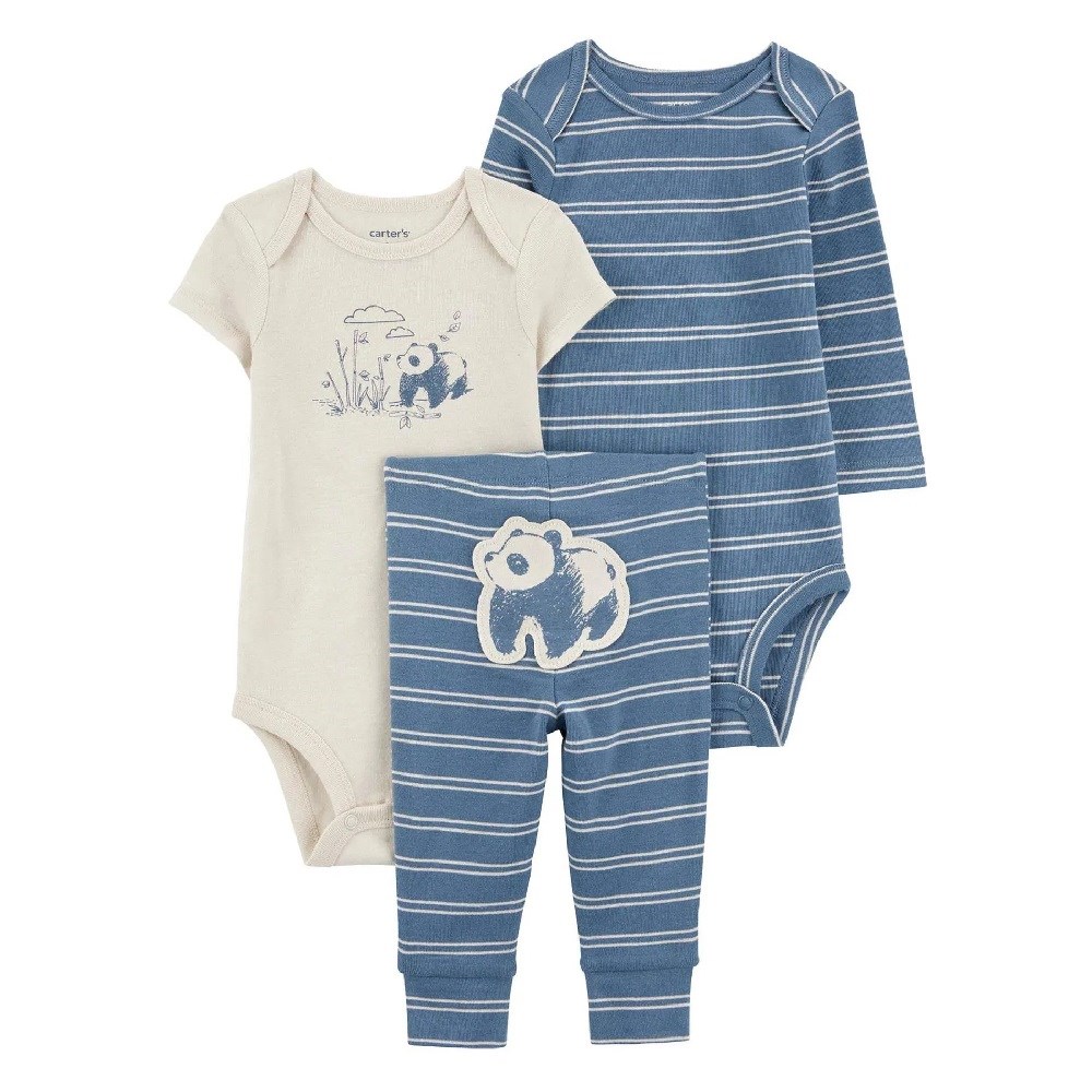 Carters Kışlık Erkek Bebek Body Pantolon Set 3'lü Paket Mavi