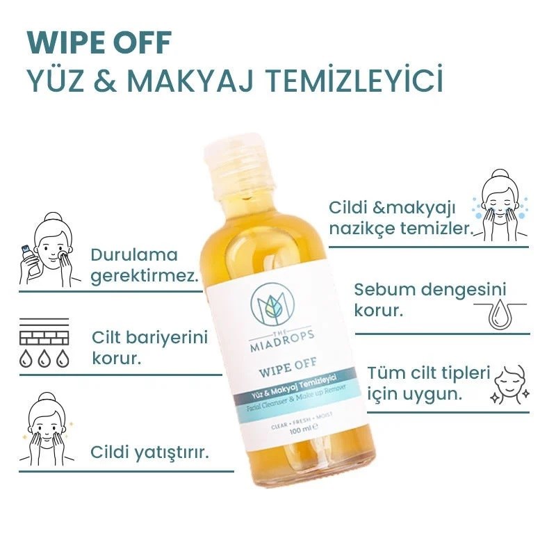 The Miadrops Wipe Off Doğal Yüz & Makyaj Temizleyici - 100ml -( Çift Fazlı ) 