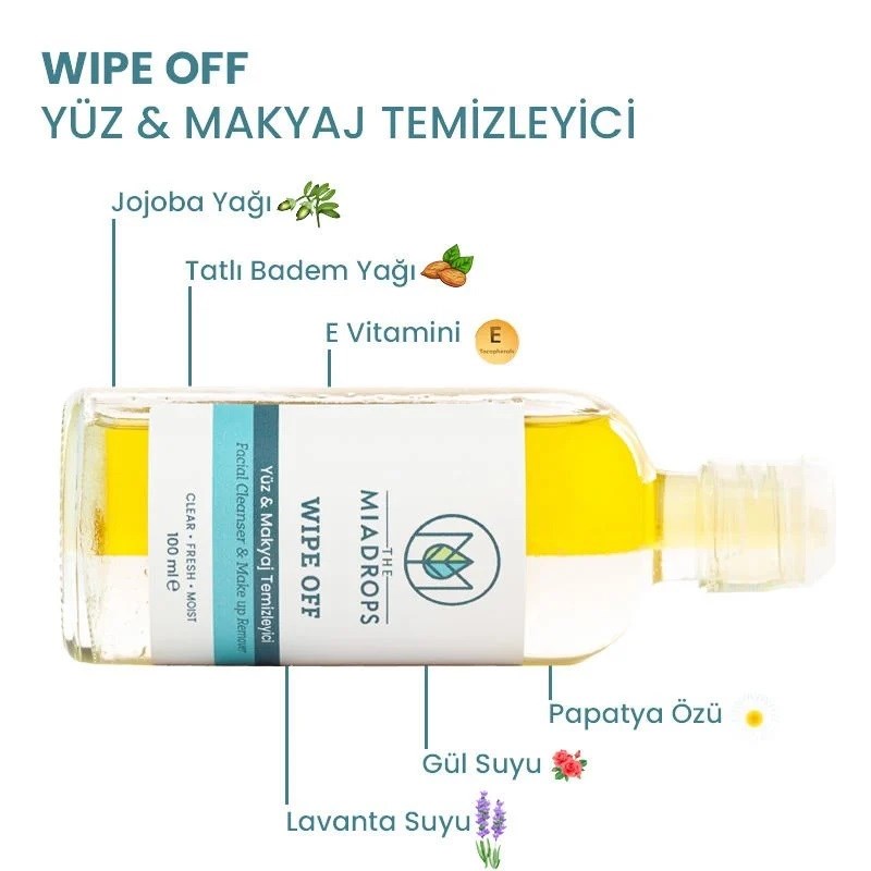 The Miadrops Wipe Off Doğal Yüz & Makyaj Temizleyici - 100ml -( Çift Fazlı ) 