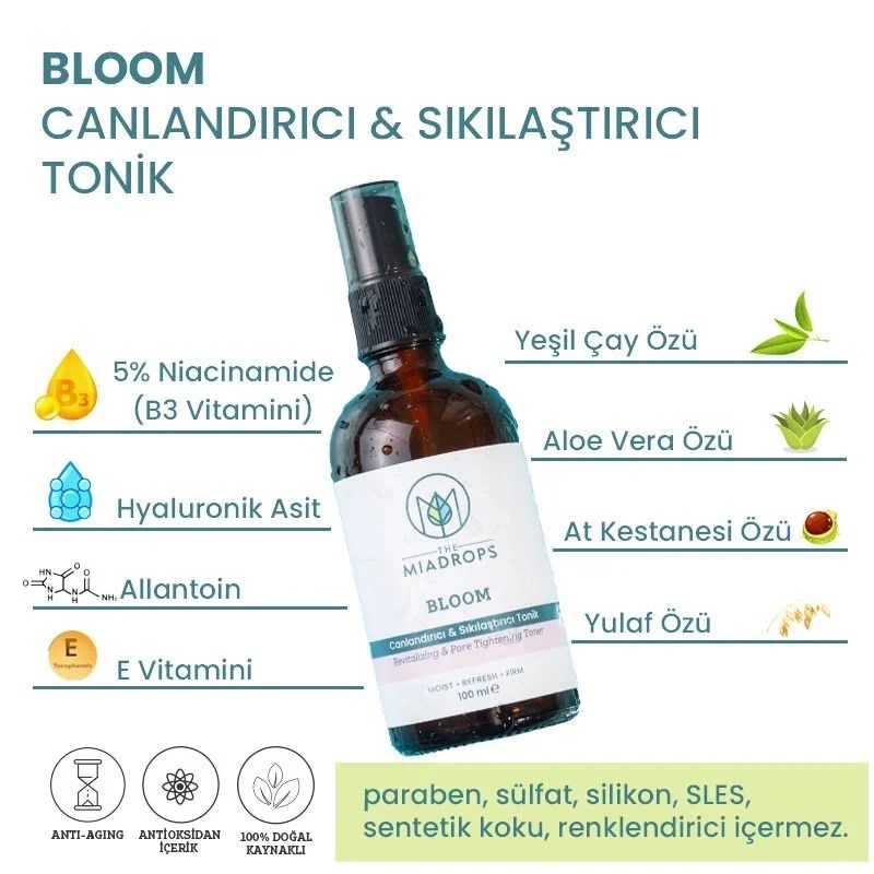 The Miadrops Bloom Canlandırıcı & Sıkılaştırıcı Doğal Tonik - 100ml 