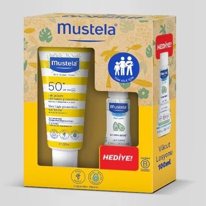 Mustela Güneş Kremi SPF 50+ 200ml + Hydra Bebe 100 ml Kofre Orjinal