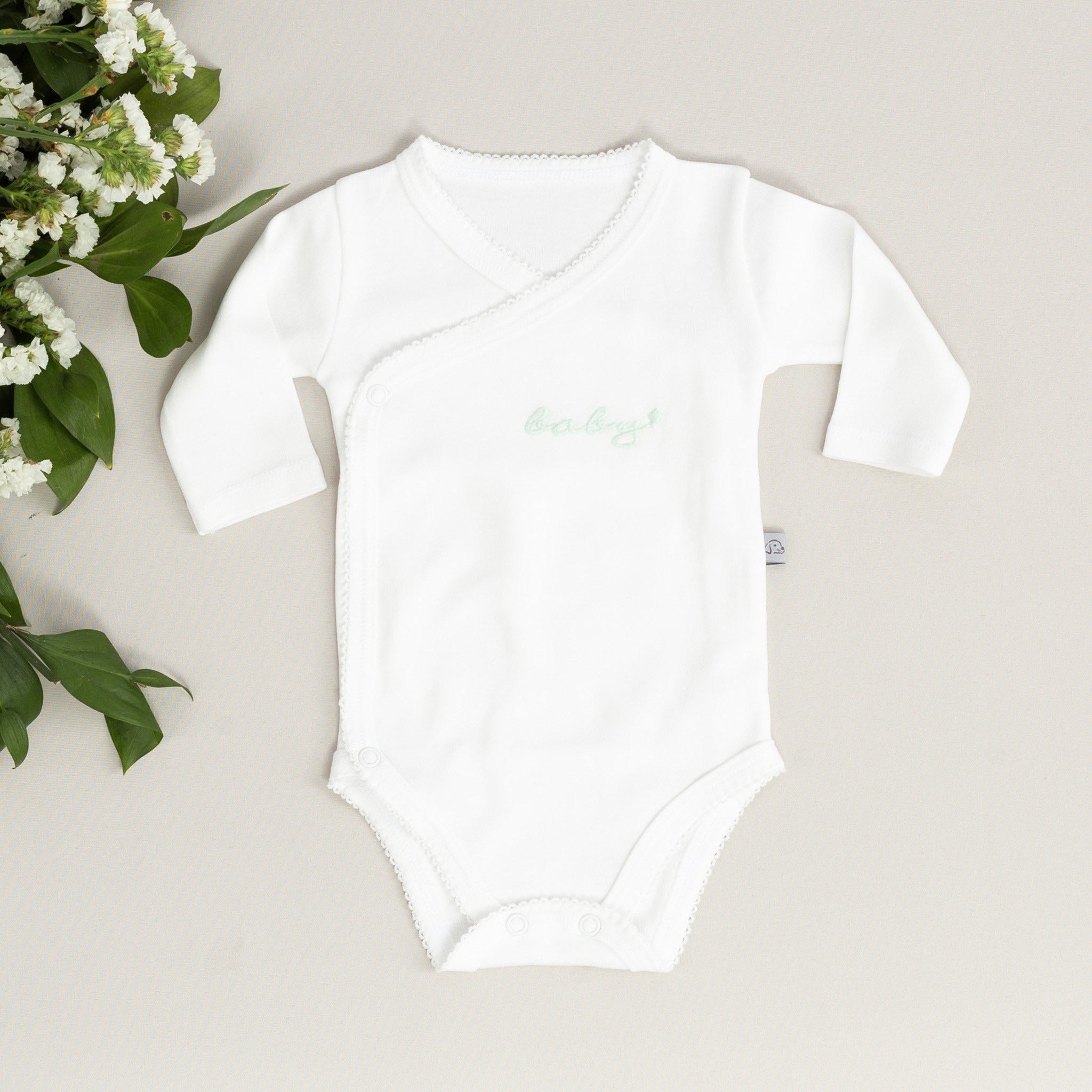 Mayys Baby Organik Uzun Kollu Mint Baby Nakışlı Zarf Zıbın Beyaz