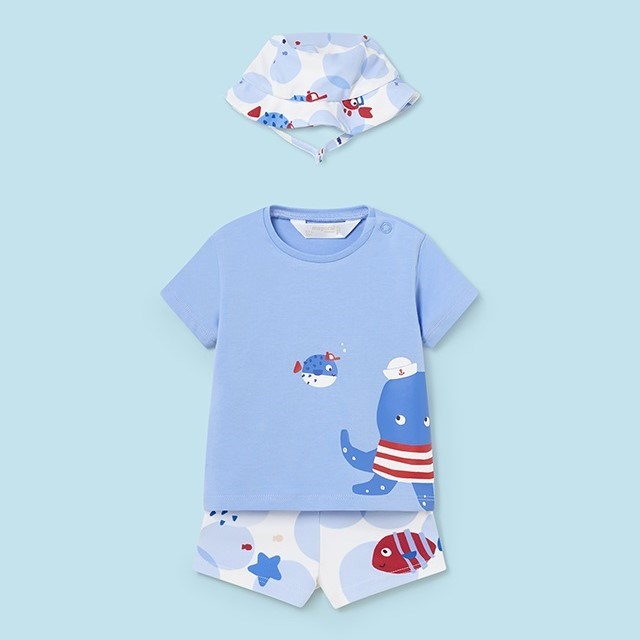 Mayoral Yazlık Erkek Bebek T-shirt Mayo Şapka Set Mavi