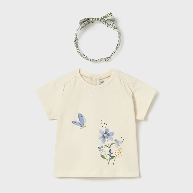 Mayoral Yazlık Kız Bebek Kısa Kol T-shirt Saç Bandı Set Ekru