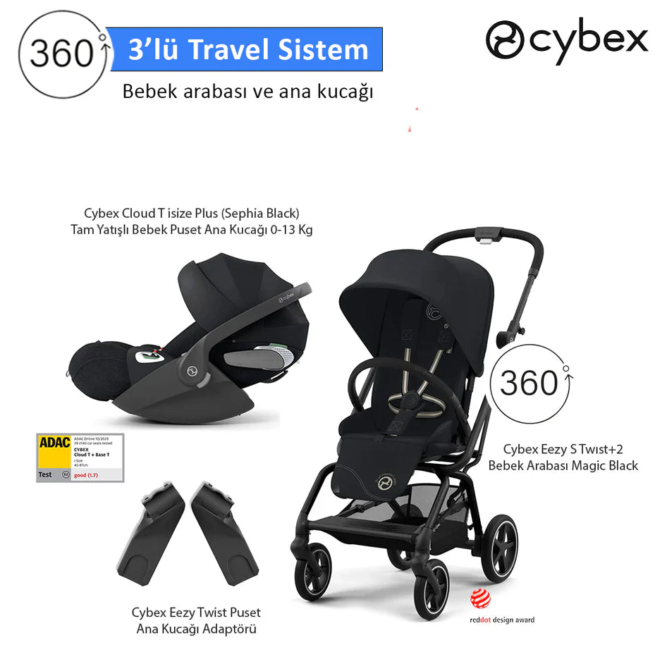 Cybex Eezy S Twist+2 Cybex Cloud T isize Plus Kabin Boy Travel Bebek Arabası Set Siyah Ekim Teslim
