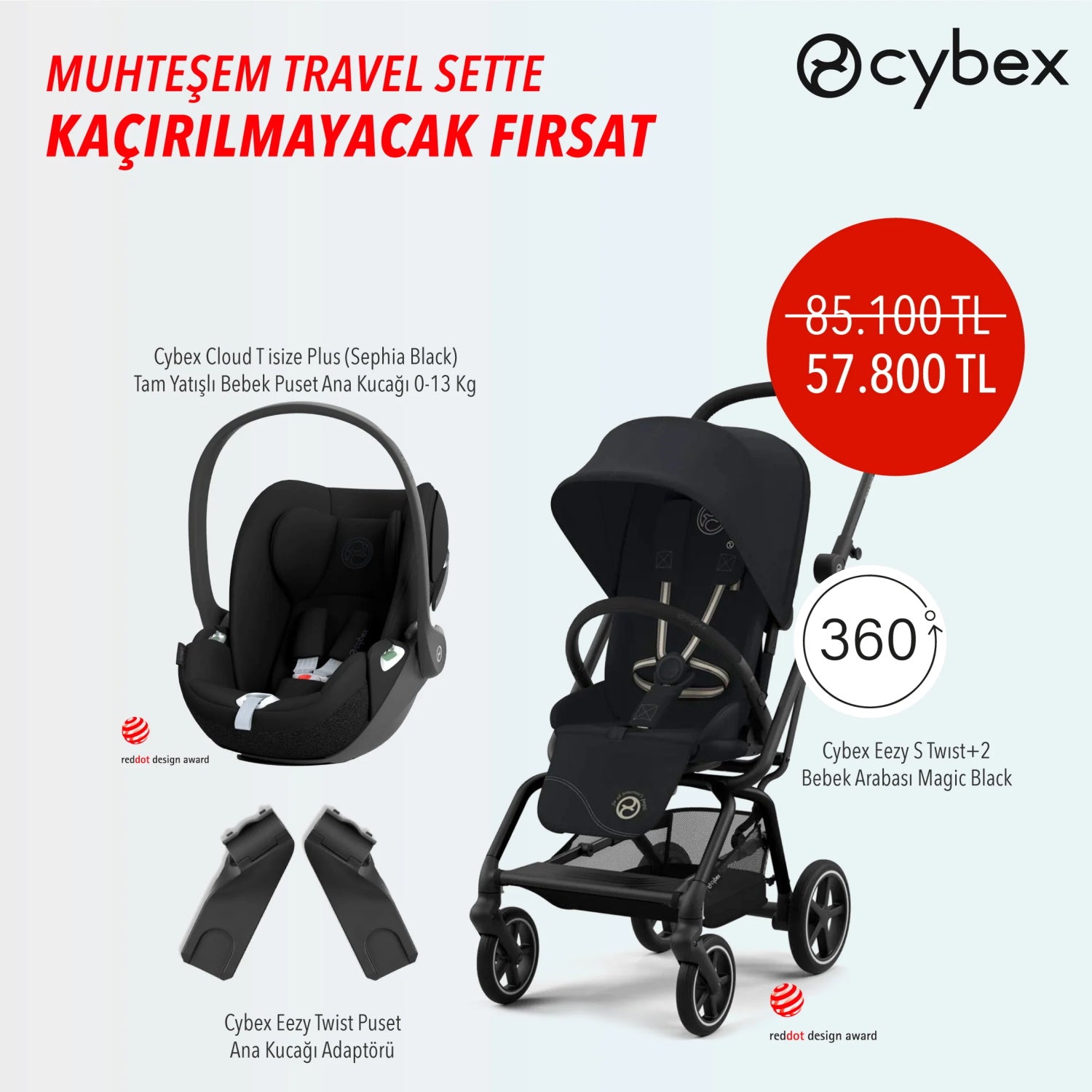 Cybex Eezy S Twist+2 Cybex Cloud T isize Plus Kabin Boy Travel Bebek Arabası Set Siyah