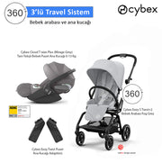Cybex Eezy S Twist+2 Grey Cybex Cloud T isize Plus Mirage Grey Kabin Boy Travel Bebek Arabası Set Hemen Teslim