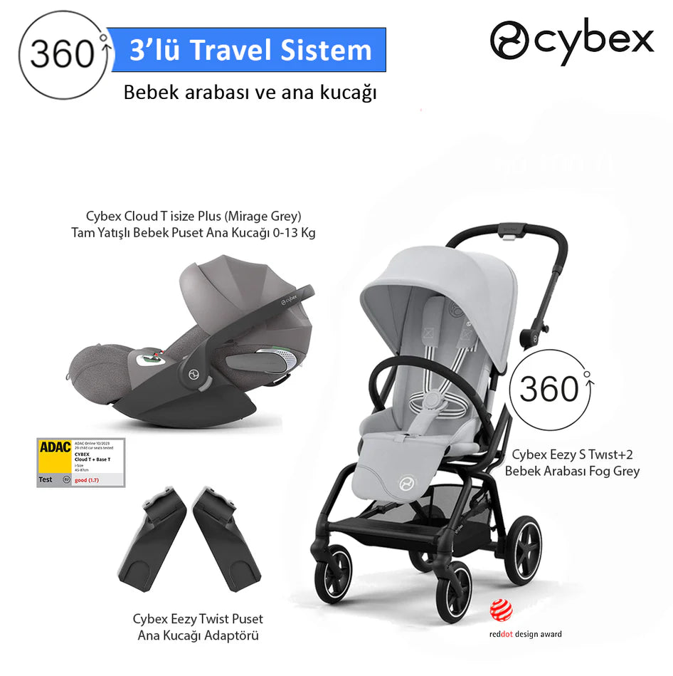 Cybex Eezy S Twist+2 Grey Cybex Cloud T isize Plus Mirage Grey Kabin Boy Travel Bebek Arabası Set Hemen Teslim
