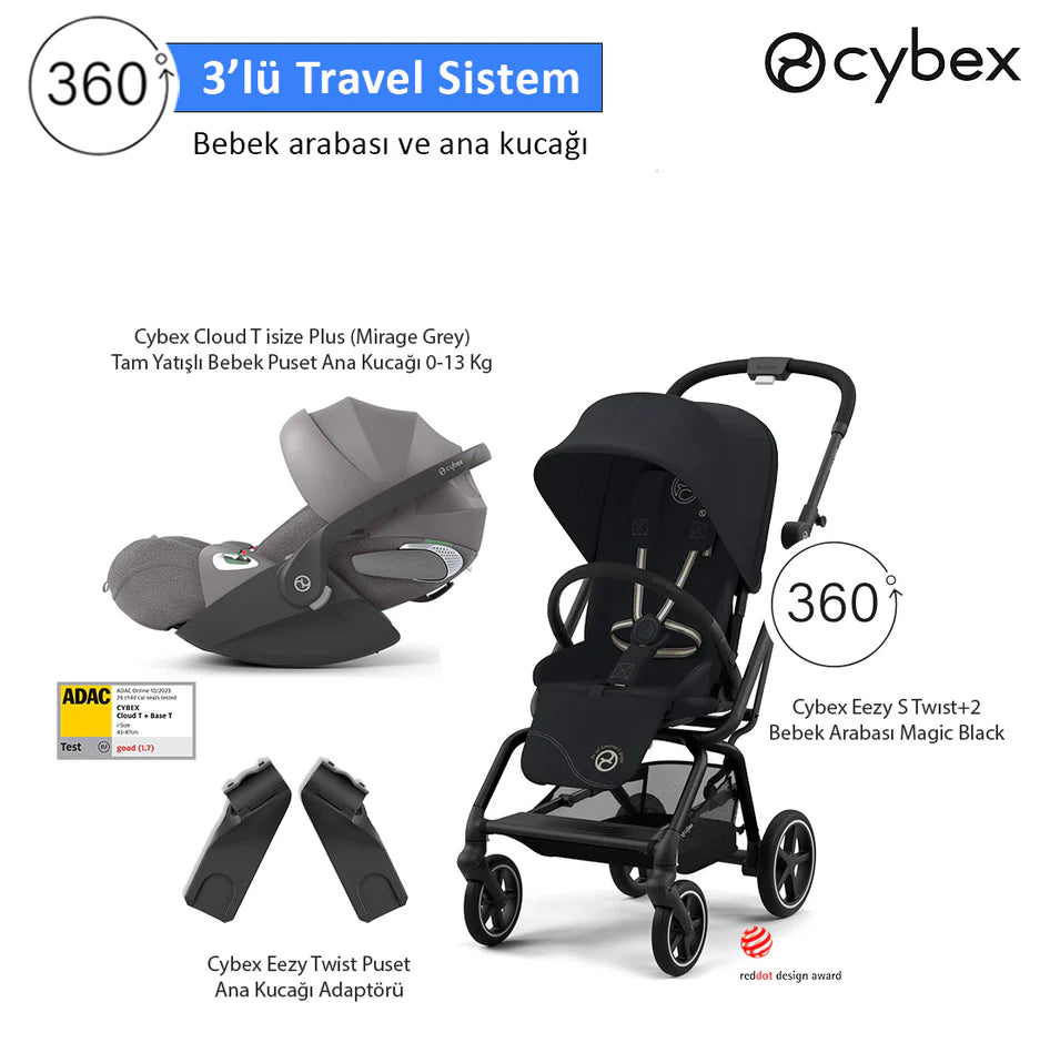 Cybex Eezy S Twist+2 Black Cybex Cloud T isize Plus Mirage Grey Kabin Boy Travel Bebek Arabası Set Hemen Teslim