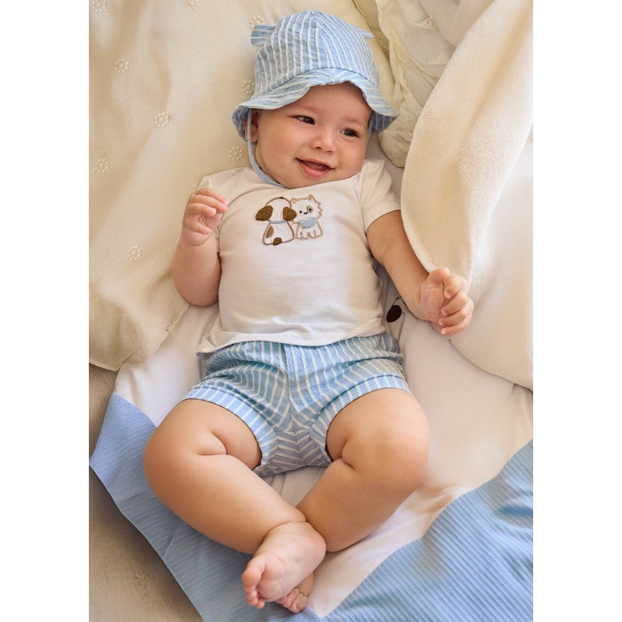 Mayoral Yazlık Erkek Bebek Kısa Kol T-shirt Şort Şapka 3'lü Set Mavi