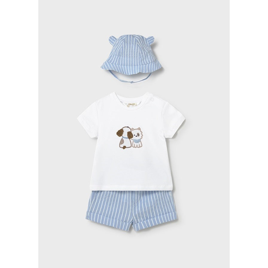 Mayoral Yazlık Erkek Bebek Kısa Kol T-shirt Şort Şapka 3'lü Set Mavi