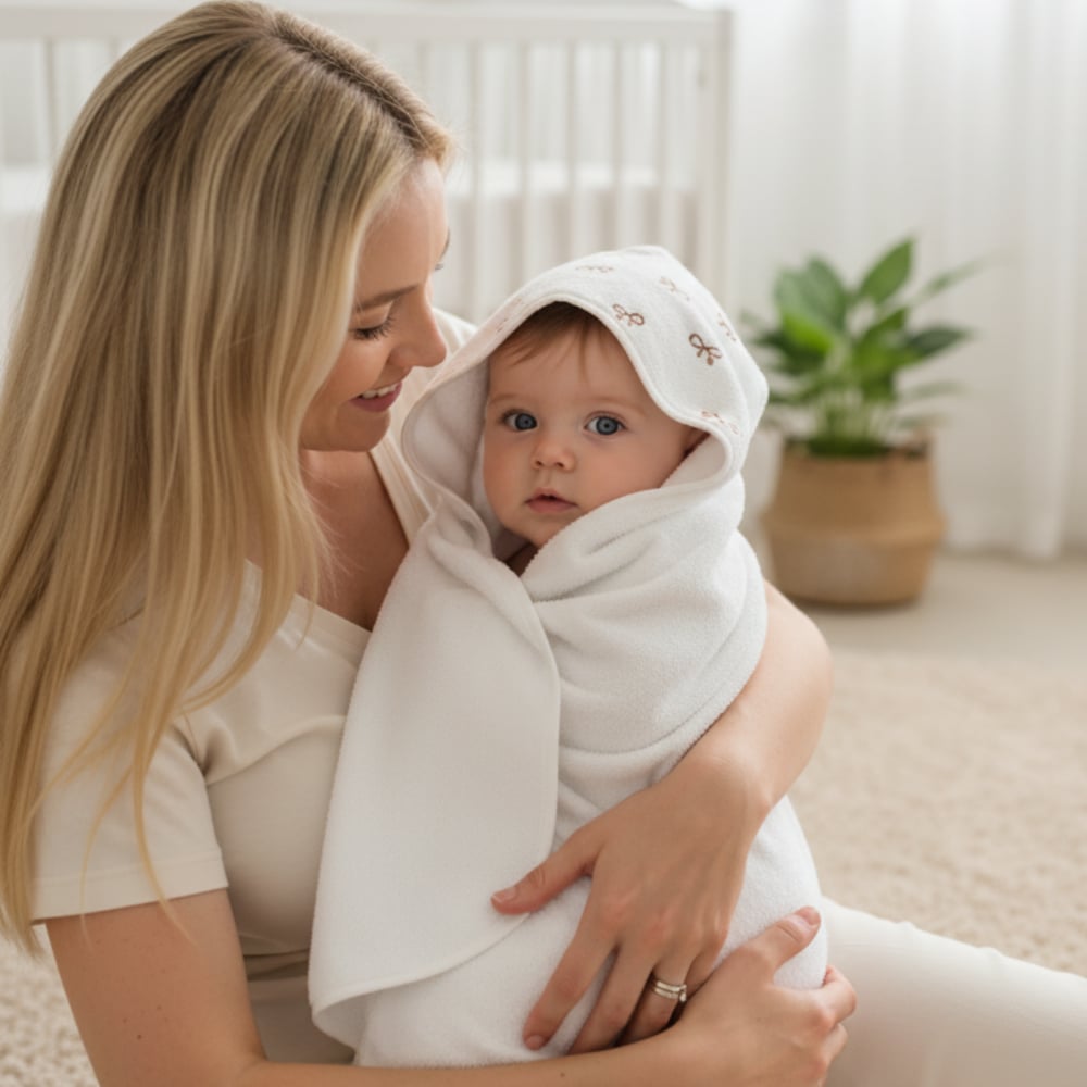 Mama Yoyo Bebek Banyo Havlusu Fiyonk Desenli 90x90 cm Ekru