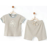 Andy Wawa Andywawa Yazlık Erkek Bebek Kısa Kol T-shirt Şort 2'li Set- Bamboo Striped Mavi - Şort, Şort Takımı