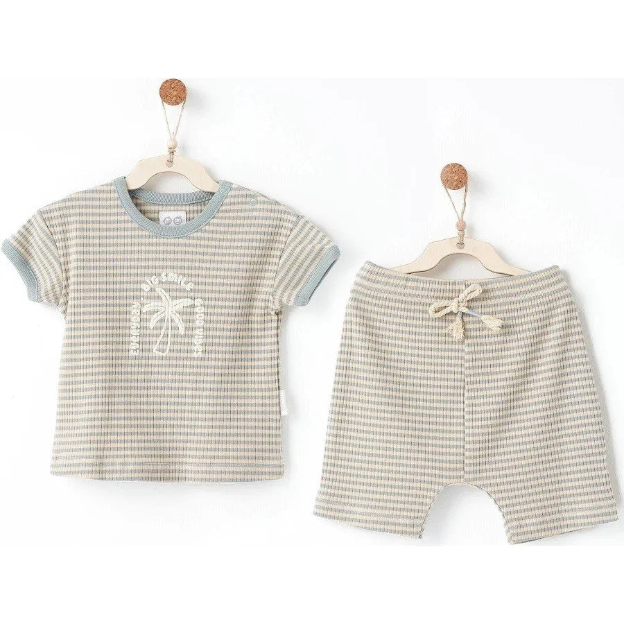 Andy Wawa Andywawa Yazlık Erkek Bebek Kısa Kol T-shirt Şort 2'li Set- Bamboo Striped Mavi - Şort, Şort Takımı