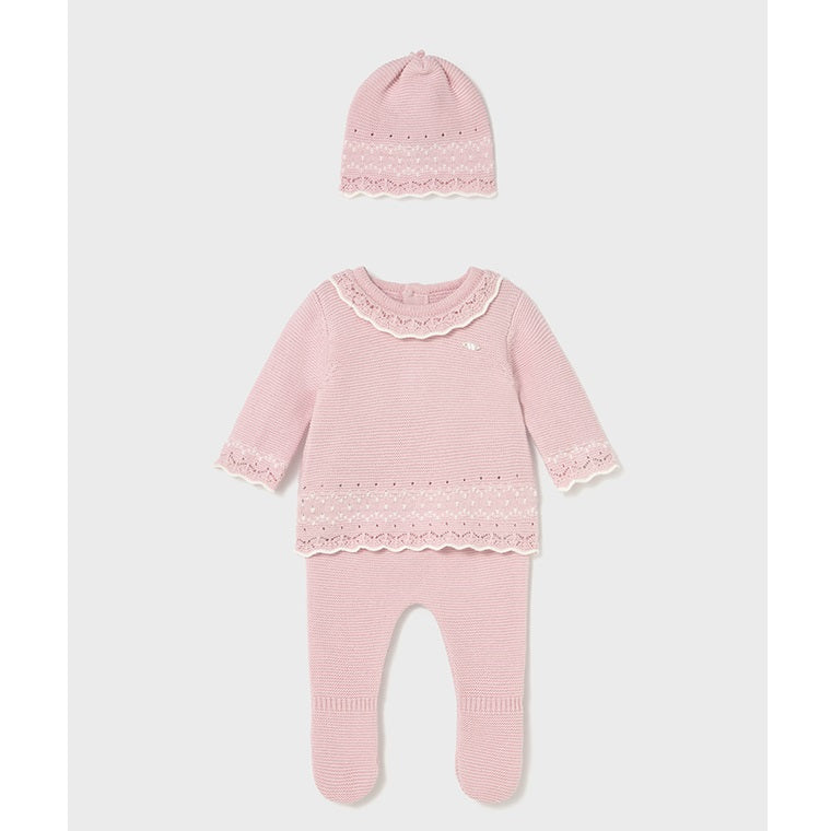 Mayoral Kışlık Kız Bebek Örme Bluz Patikli Pantolon Tulum Bere Set Pembe