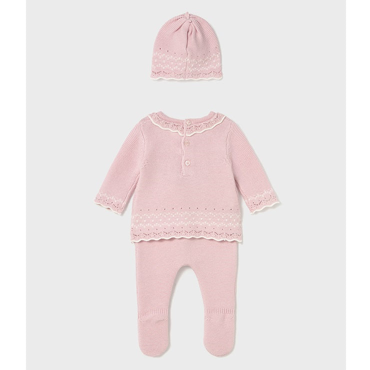 Mayoral Kışlık Kız Bebek Örme Bluz Patikli Pantolon Tulum Bere Set Pembe